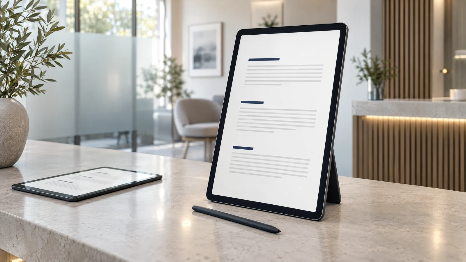 Illustrative Szene mit digitalen Unterlagen auf Tablets an einem modernen Praxisarbeitsplatz