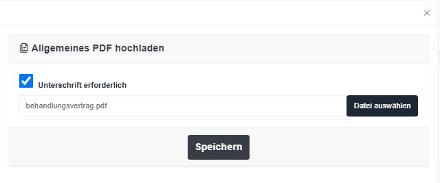 InformaDent PDF-Upload mit ausgewählter Option Unterschrift erforderlich und einer Beispiel-PDF