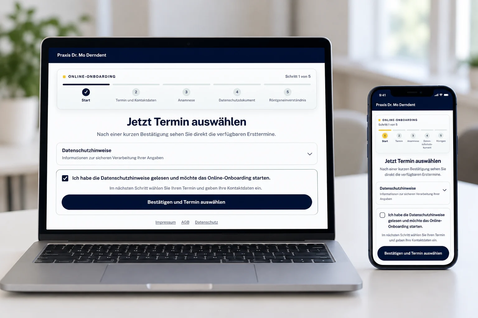 Produktvisualisierung: Onboarding-Startansicht auf Laptop und Smartphone