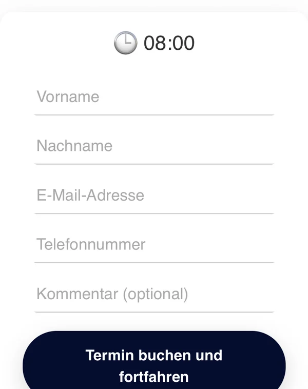 Mobiler Ausschnitt eines verfügbaren Ersttermins mit Kontaktfeldern
