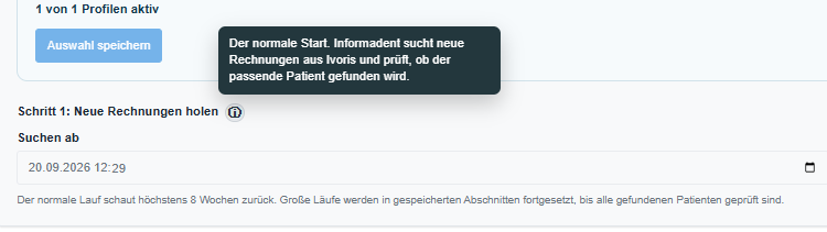InformaDent: Neue Rechnungen aus ivoris holen, mit Auswahl des Suchbeginns und Hinweis zur Patientenzuordnung