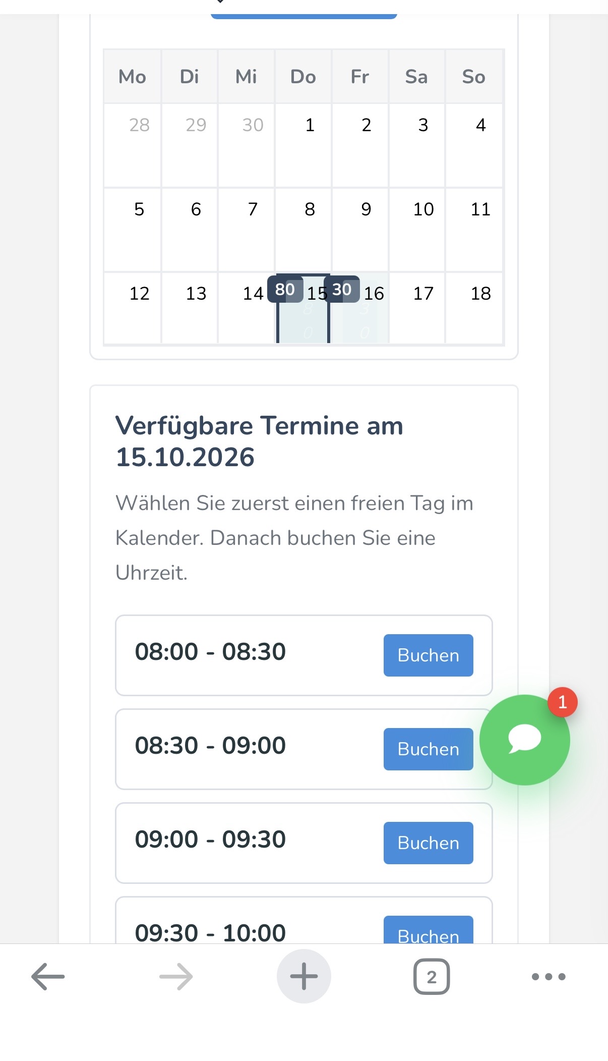 Mobile Musteransicht: Kalender und freie Uhrzeiten zur Terminbuchung